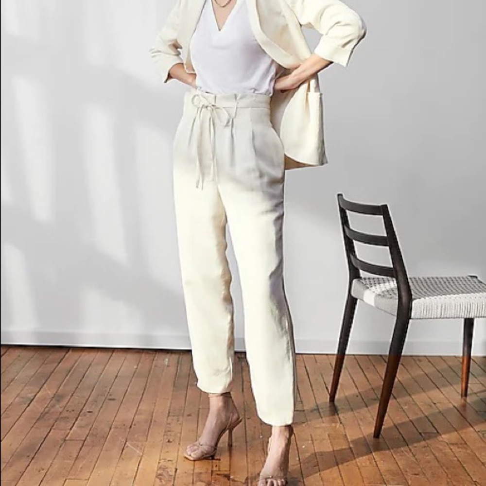 Express Super High Waisted Belted Linen-Blend Paperbag Ankle Pant
